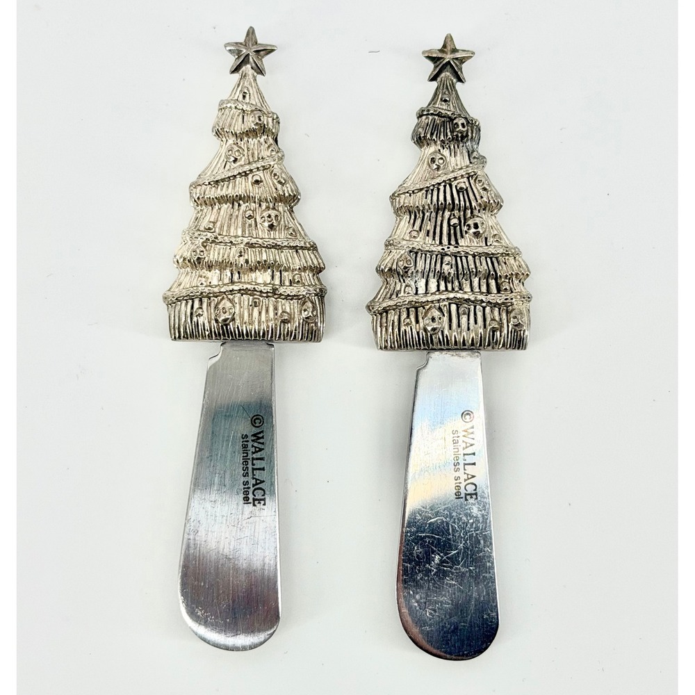 Wallace Christmas Tree Cheese Spreaders Stainless Steel Set of 2 Silver Holiday